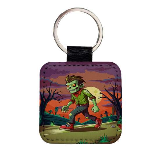 Zombie Walking Square Faux Leather Keychain