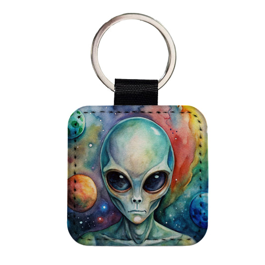 Alien In Space Watercolor Square Faux Leather Keychain
