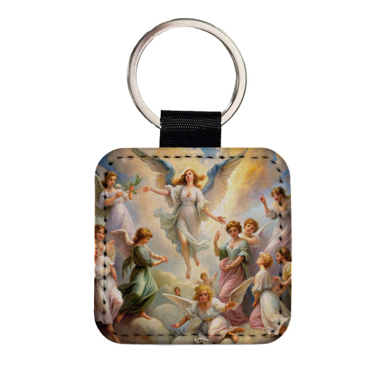 Angels Painting Watercolor Square Faux Leather Keychain