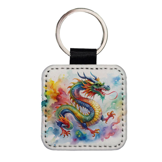 Asian Dragon Watercolor Design Square Faux Leather Keychain