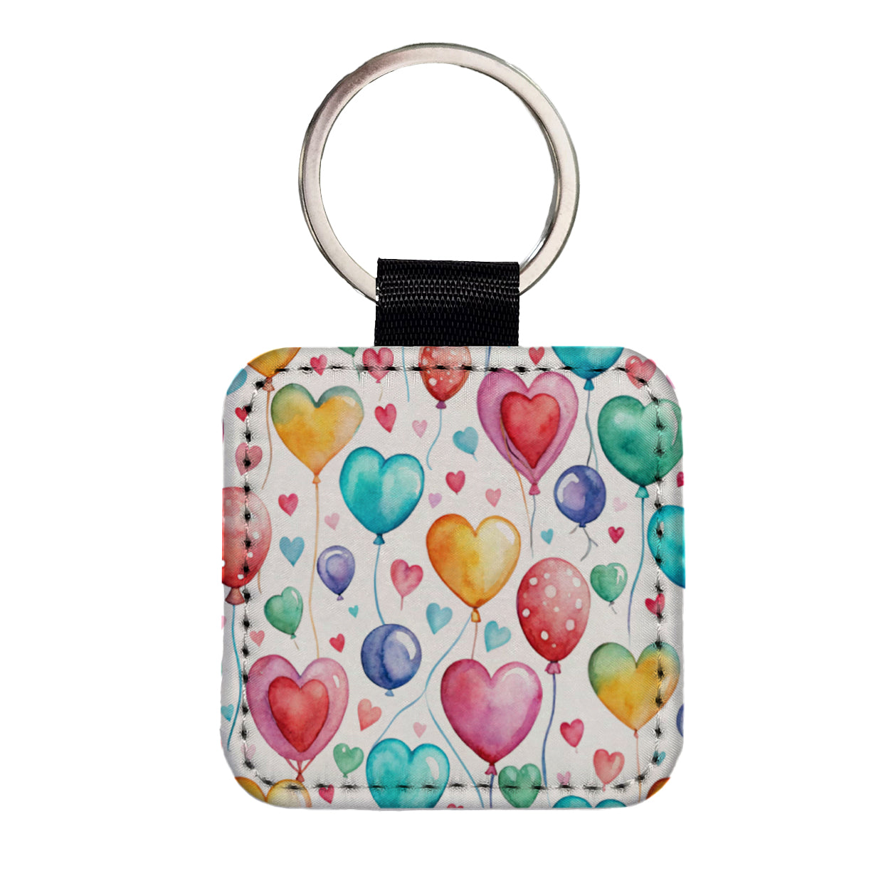 Balloons Hearts Colorful Watercolor Birthday Square Faux Leather Keychain