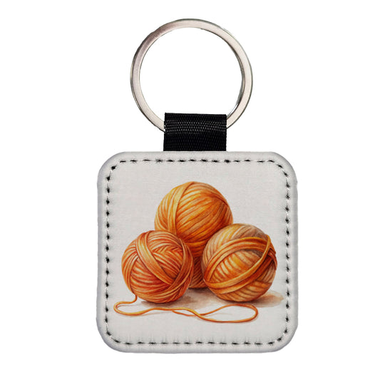 Balls Of Orange Yarn Knitting Crochet Watercolor Square Faux Leather Keychain