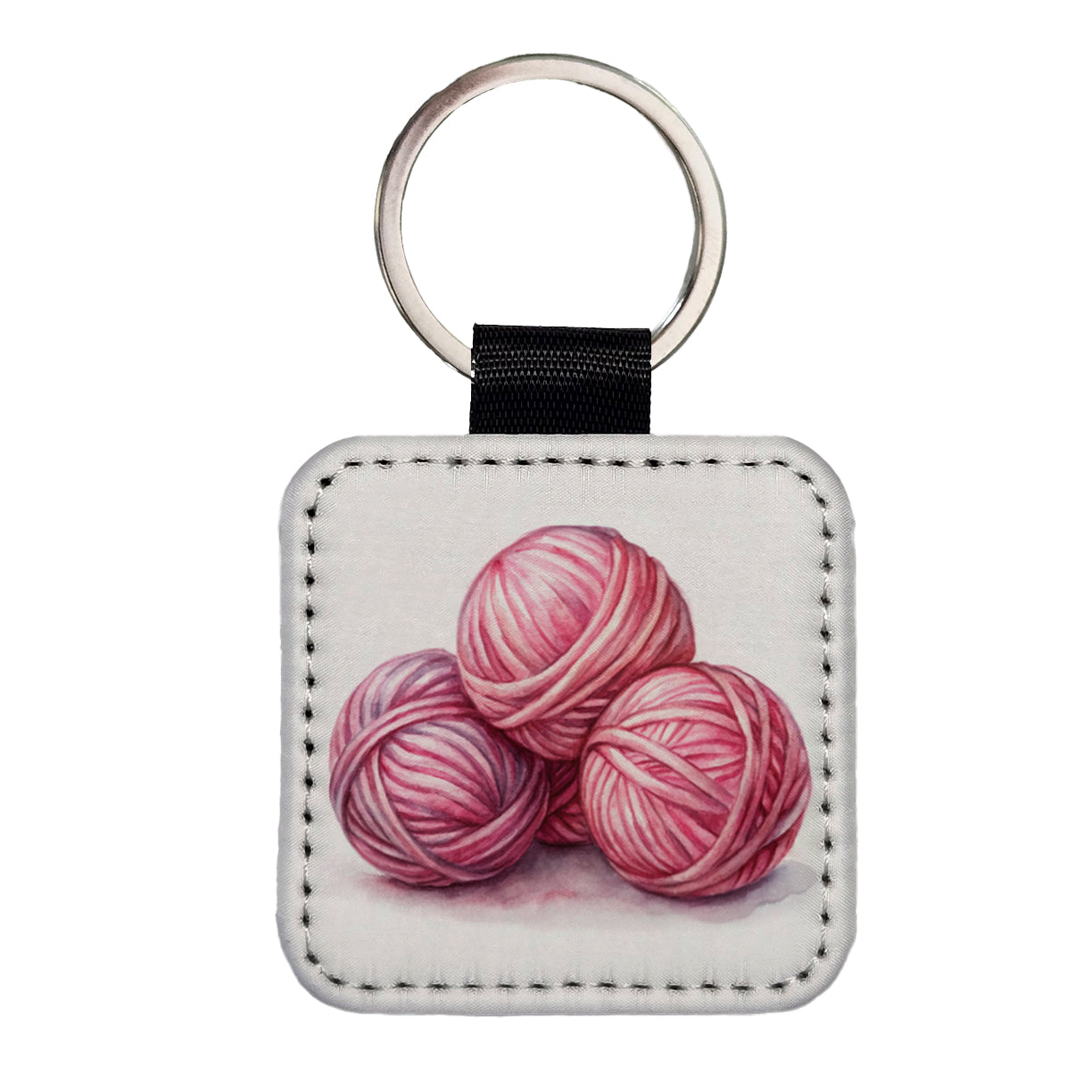 Balls Of Pink Yarn Knitting Crochet Watercolor Square Faux Leather Keychain