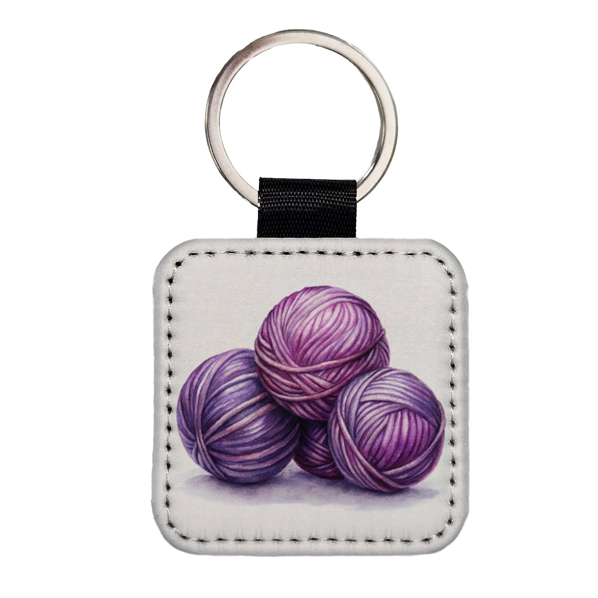 Balls Of Purple Yarn Knitting Crochet Watercolor Square Faux Leather Keychain