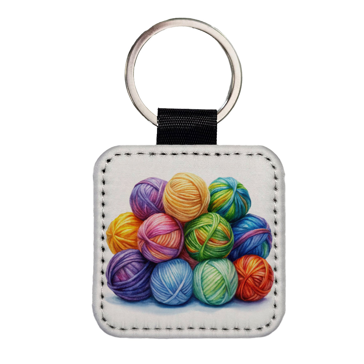 Balls Of Rainbow Yarn Knitting Crochet Watercolor Square Faux Leather Keychain