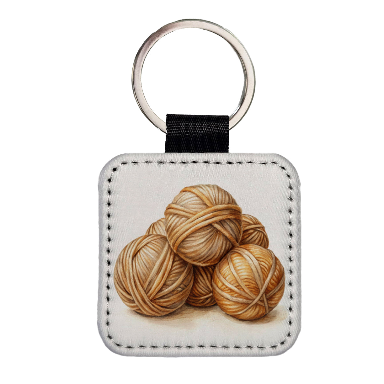 Balls Of Tan Yarn Knitting Crochet Watercolor Square Faux Leather Keychain