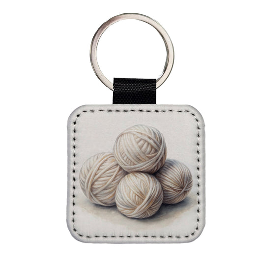 Balls Of White Yarn Knitting Crochet Watercolor Square Faux Leather Keychain