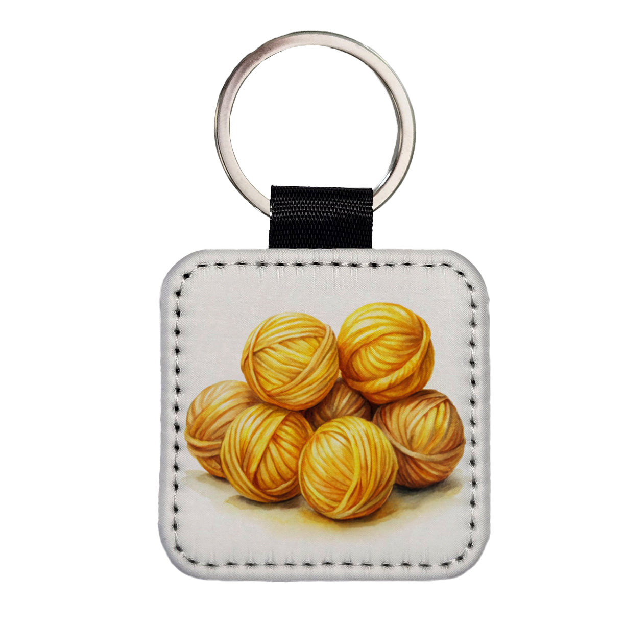 Balls Of Yellow Yarn Knitting Crochet Watercolor Square Faux Leather Keychain