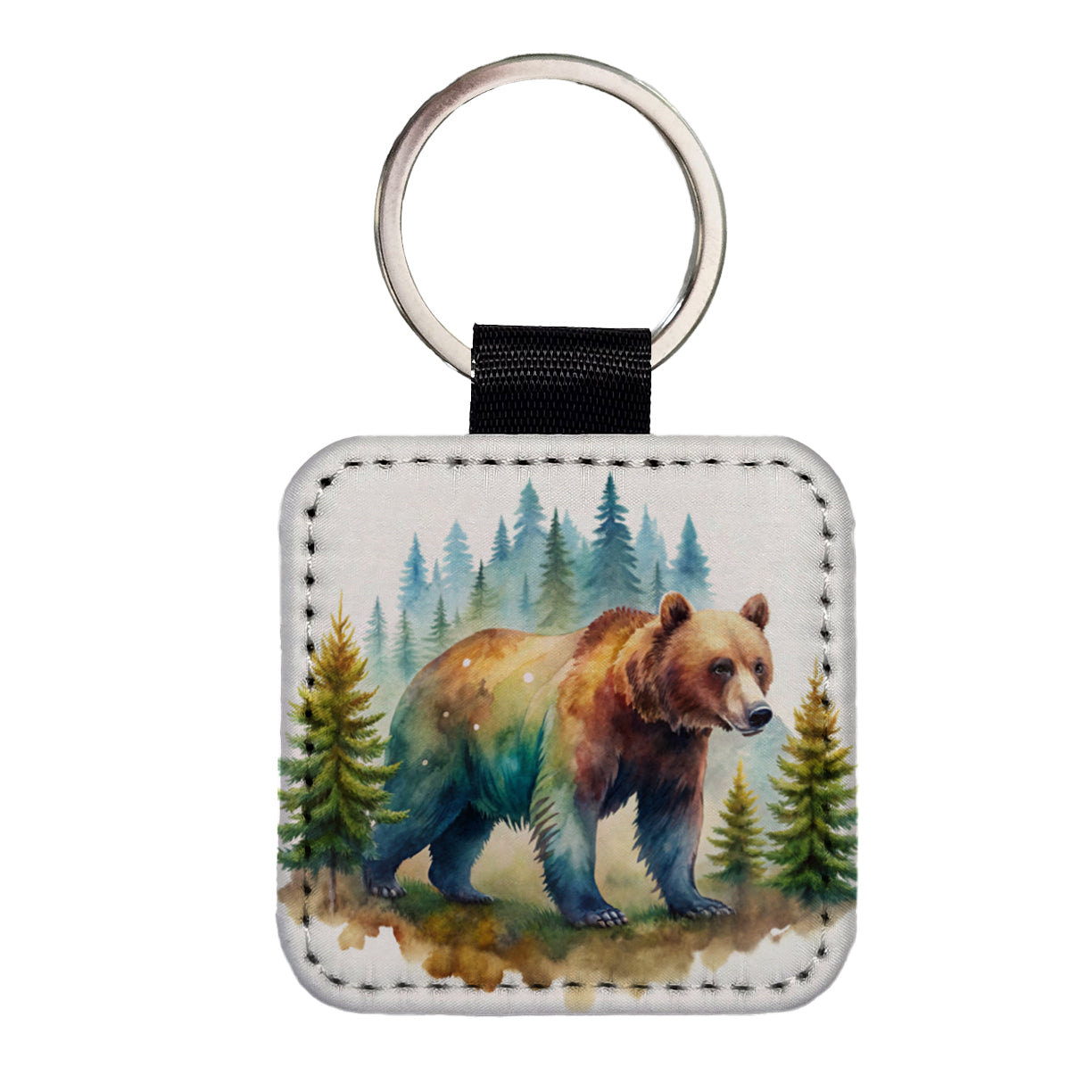 Bear In Forest Watercolor Design Square Faux Leather Keychain