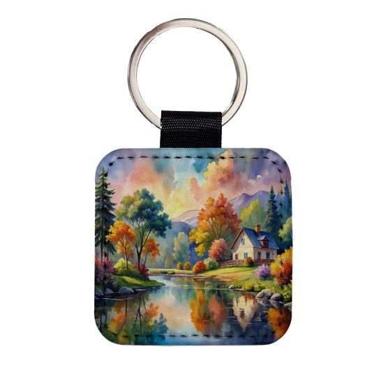 Beautiful Cottage Watercolor Square Faux Leather Keychain