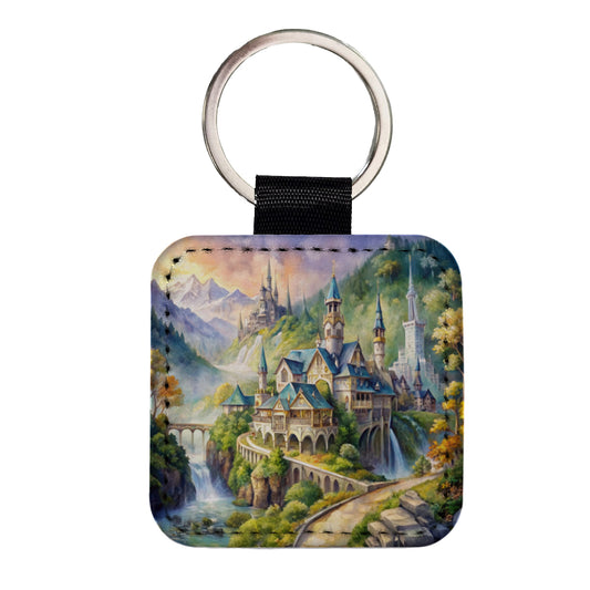 Beautiful Elvish Fantasy Watercolor Design Square Faux Leather Keychain