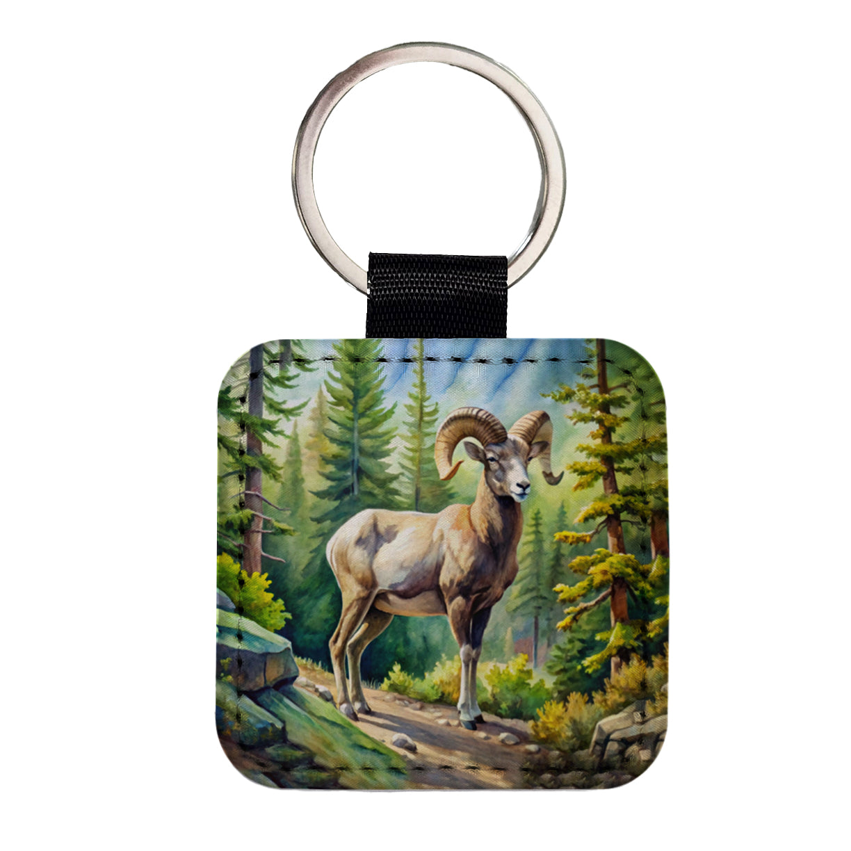 Bighorn Sheep In Forest Watercolor Square Faux Leather Keychain