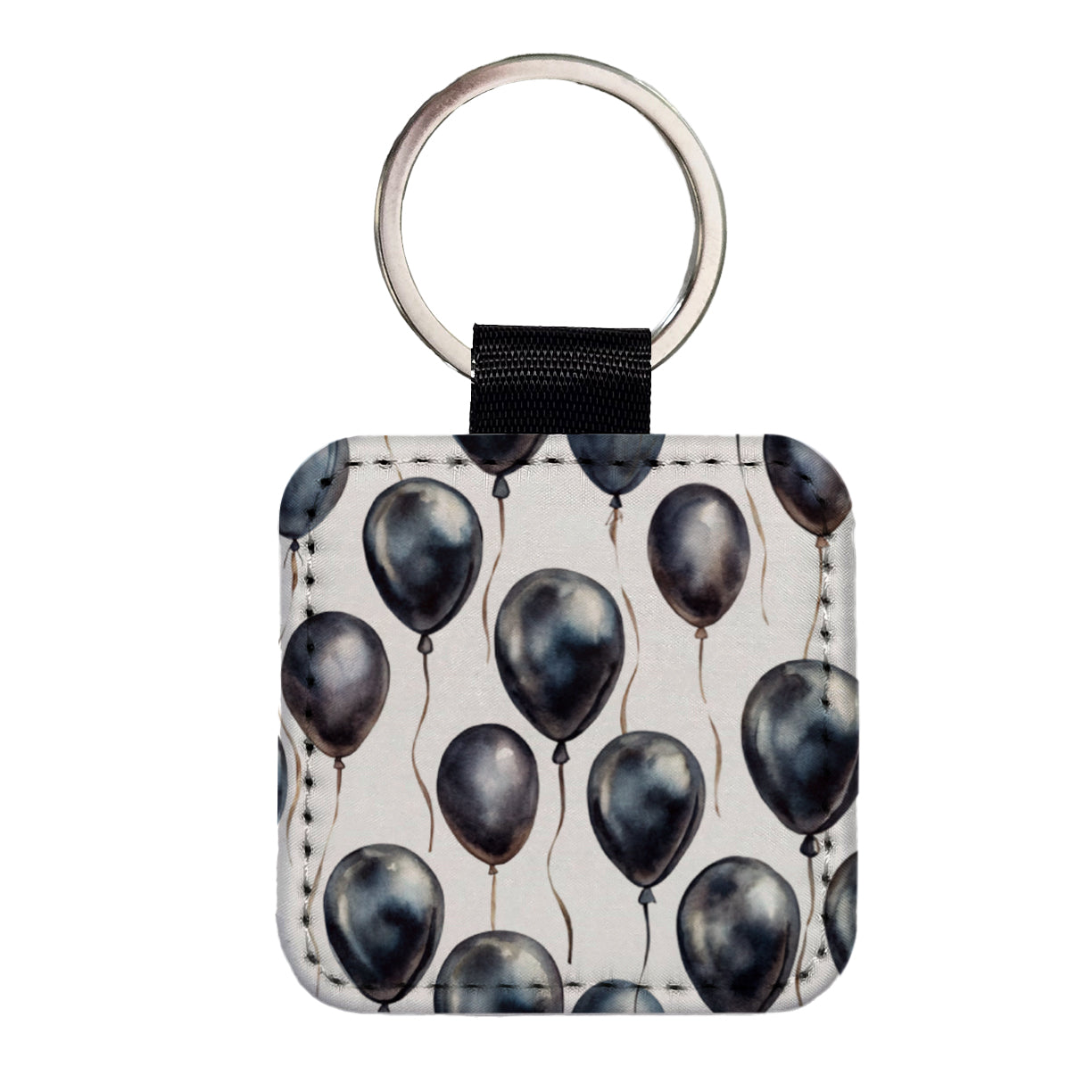 Black Balloons Watercolor Square Faux Leather Keychain