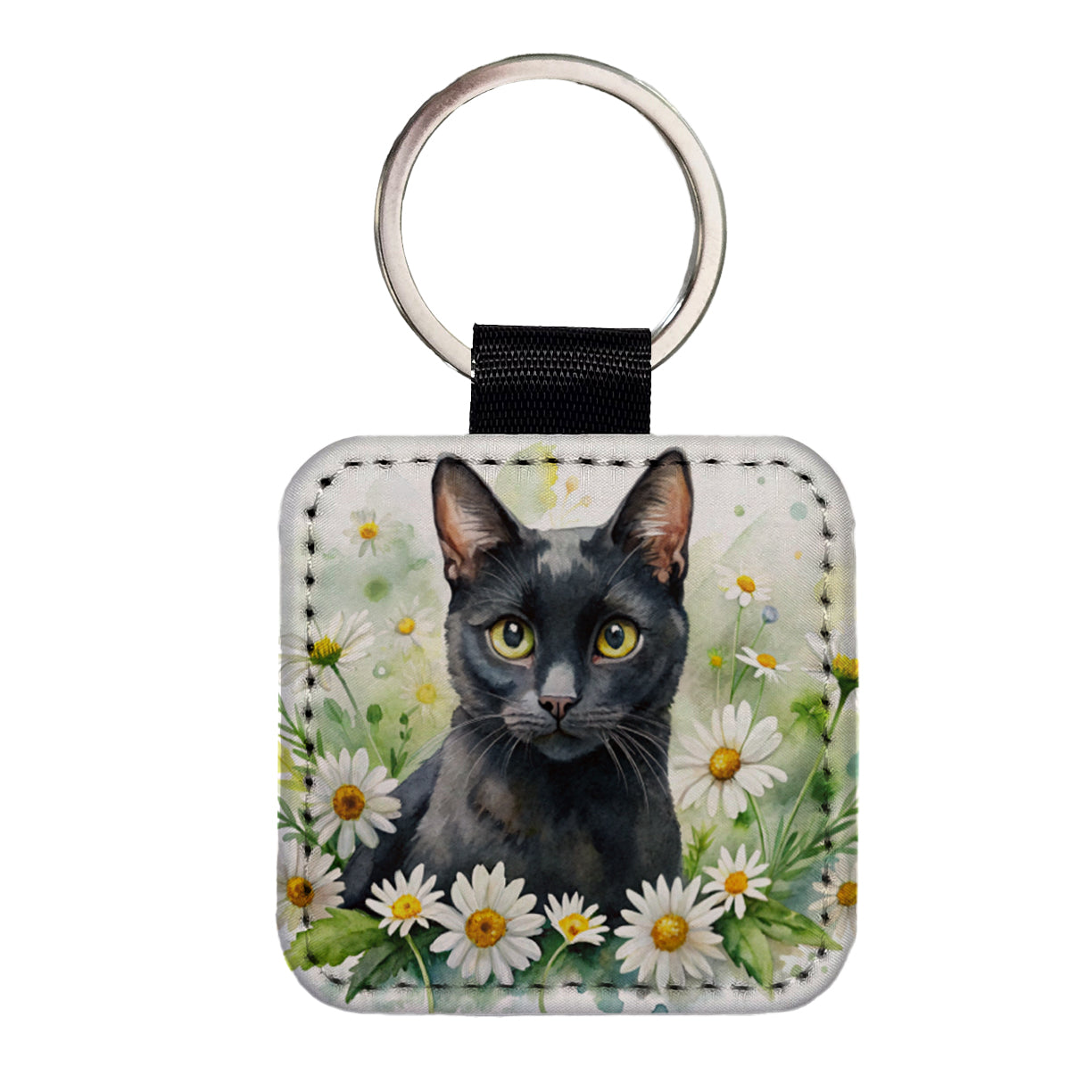 Black Cat Watercolor Design With Daisies Square Faux Leather Keychain