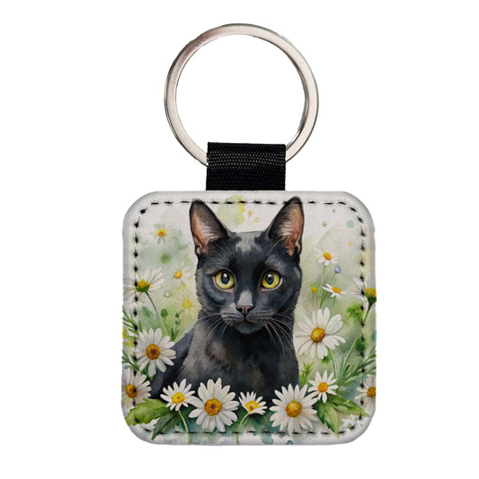 Black Cat Watercolor Design With Daisies Square Faux Leather Keychain