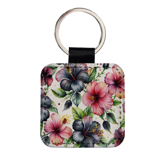 Black Pink Hibiscus Flowers Watercolor Square Faux Leather Keychain