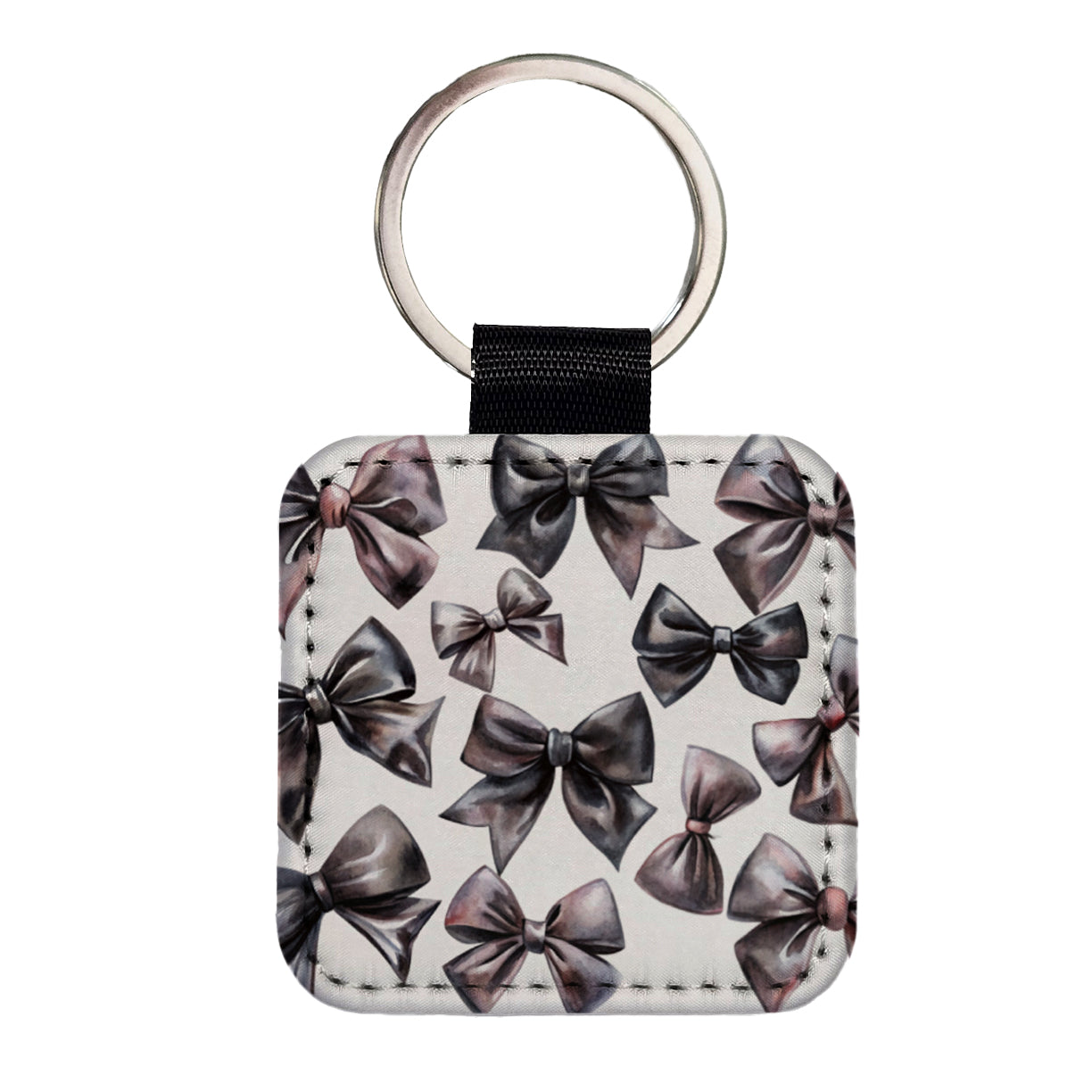 Black Scattered Coquette Bows Watercolor Square Faux Leather Keychain