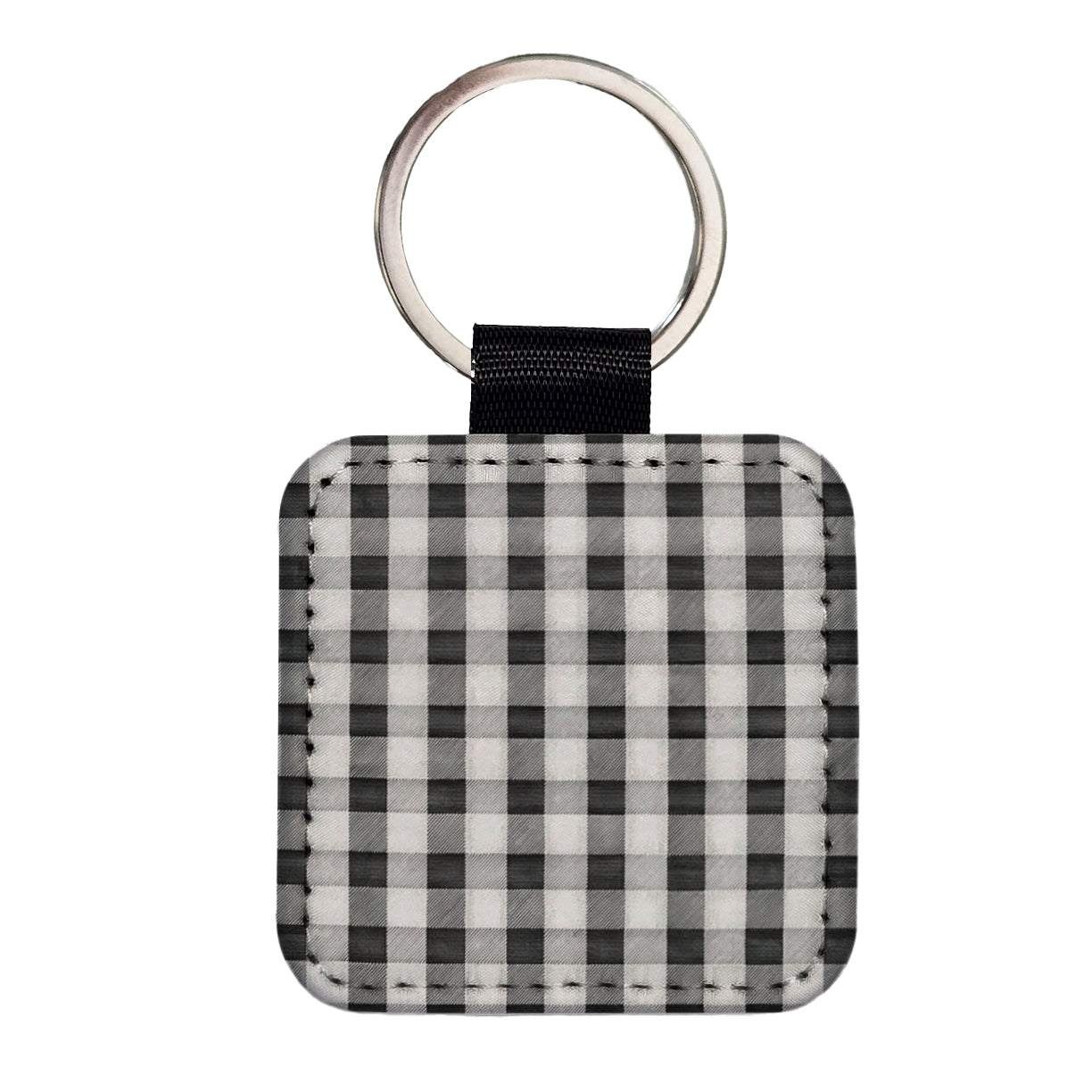 Black White Gingham Watercolor Square Faux Leather Keychain