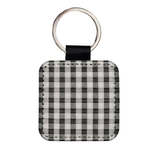 Black White Gingham Watercolor Square Faux Leather Keychain