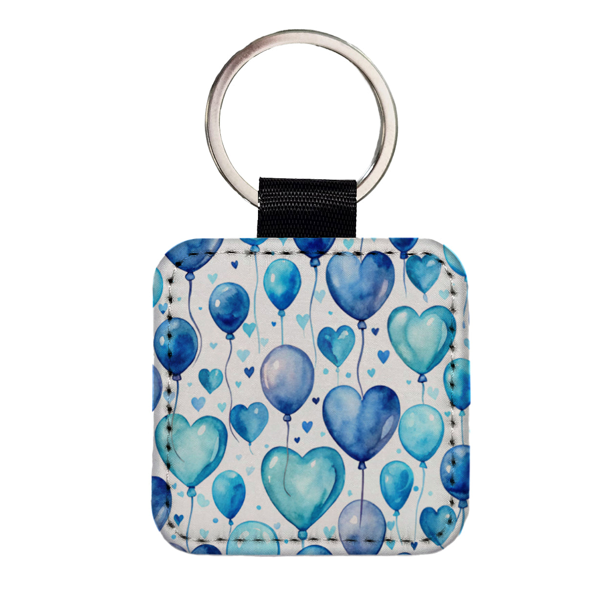 Blue Balloons Hearts Watercolor Birthday Square Faux Leather Keychain