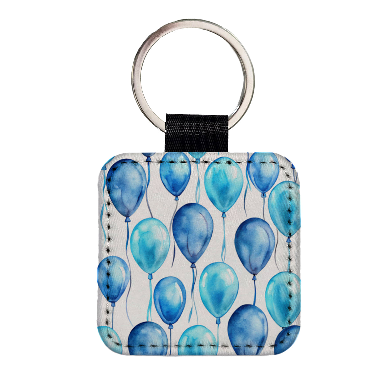 Blue Balloons Watercolor Birthday Square Faux Leather Keychain