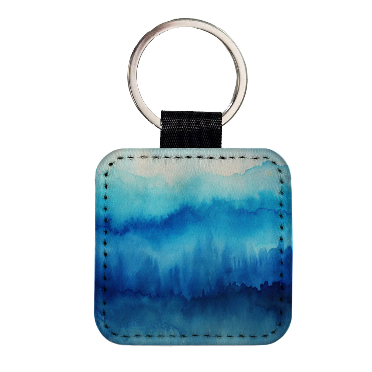 Blue Ombre Forest Watercolor Square Faux Leather Keychain