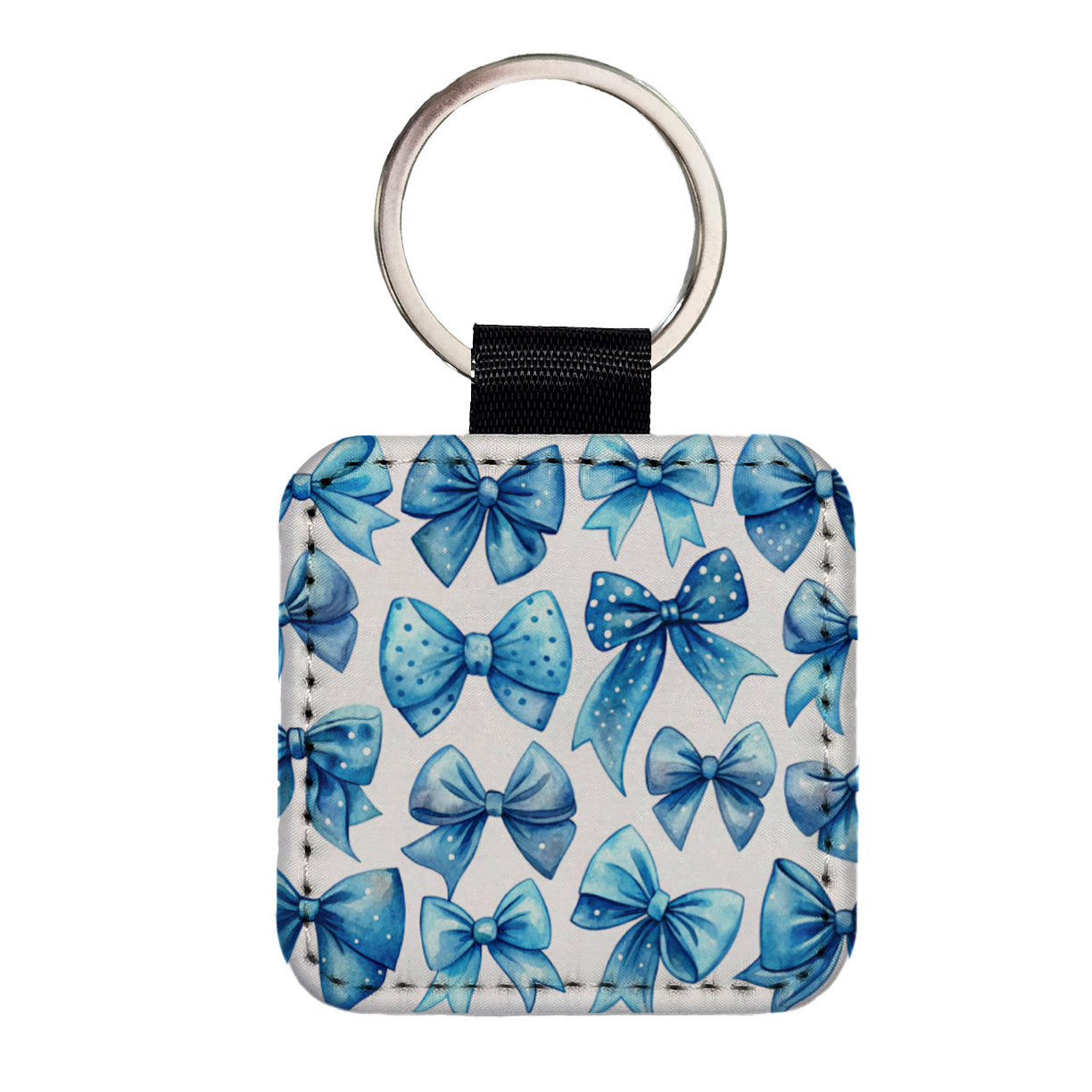 Blue Scattered Coquette Bows Cute Watercolor Square Faux Leather Keychain