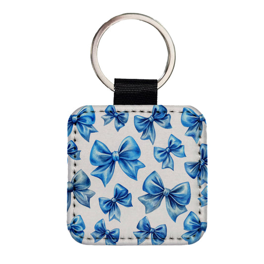Blue Scattered Coquette Bows Watercolor Square Faux Leather Keychain