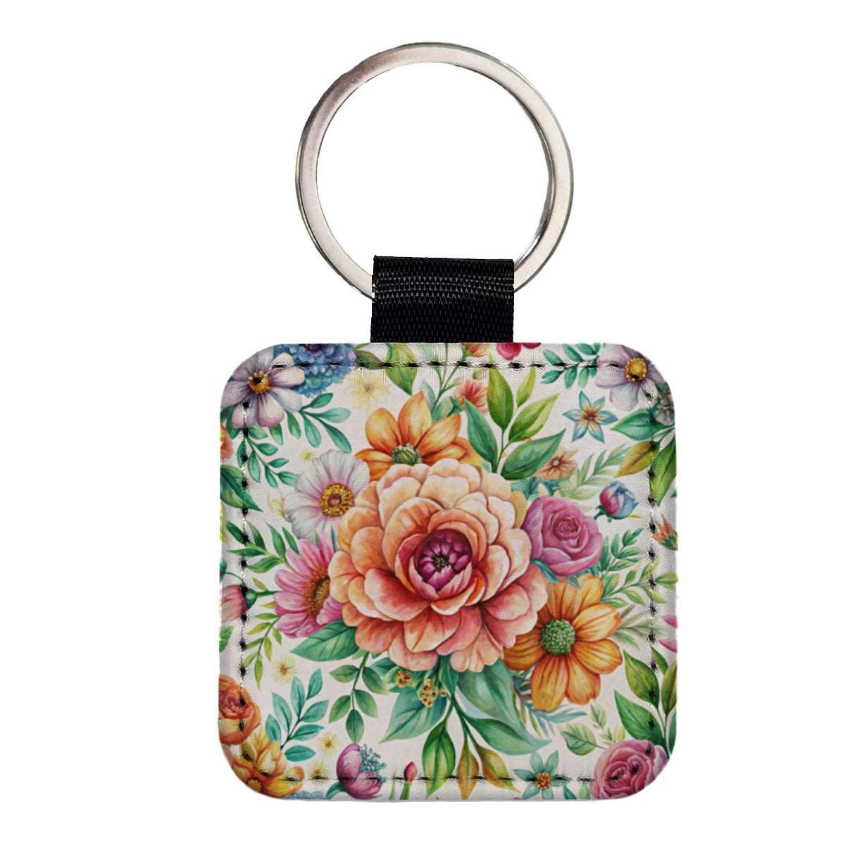 Boho Flowers Watercolor Square Faux Leather Keychain