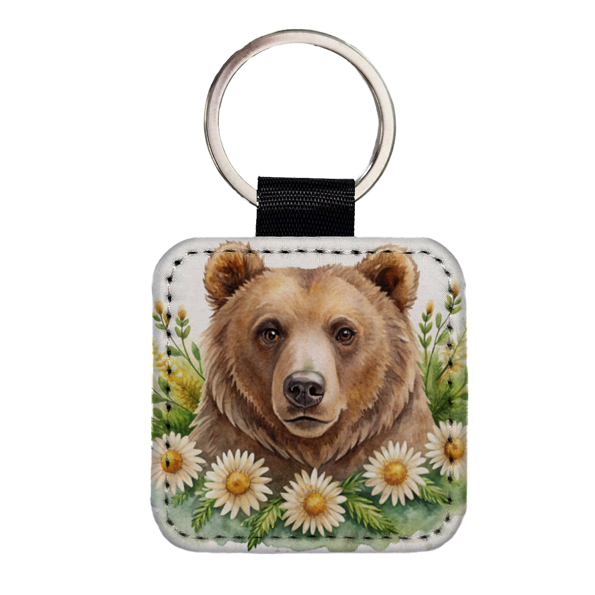 Brown Bear Watercolor Design With Daisies Square Faux Leather Keychain
