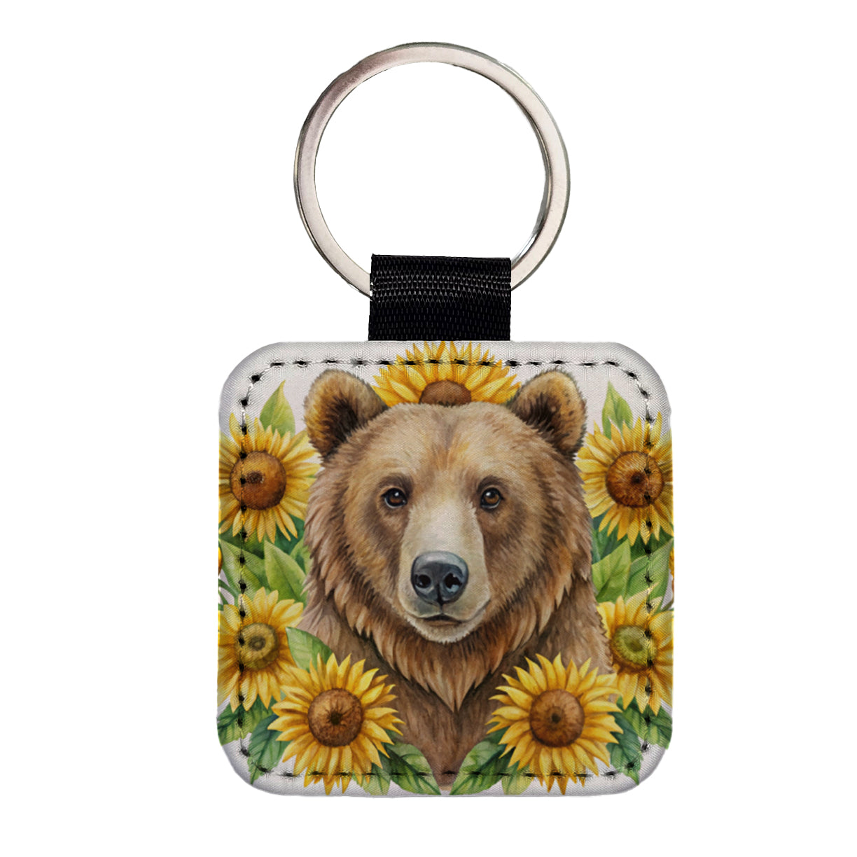 Brown Bear Watercolor Design With Sunflowers Square Faux Leather Keychain