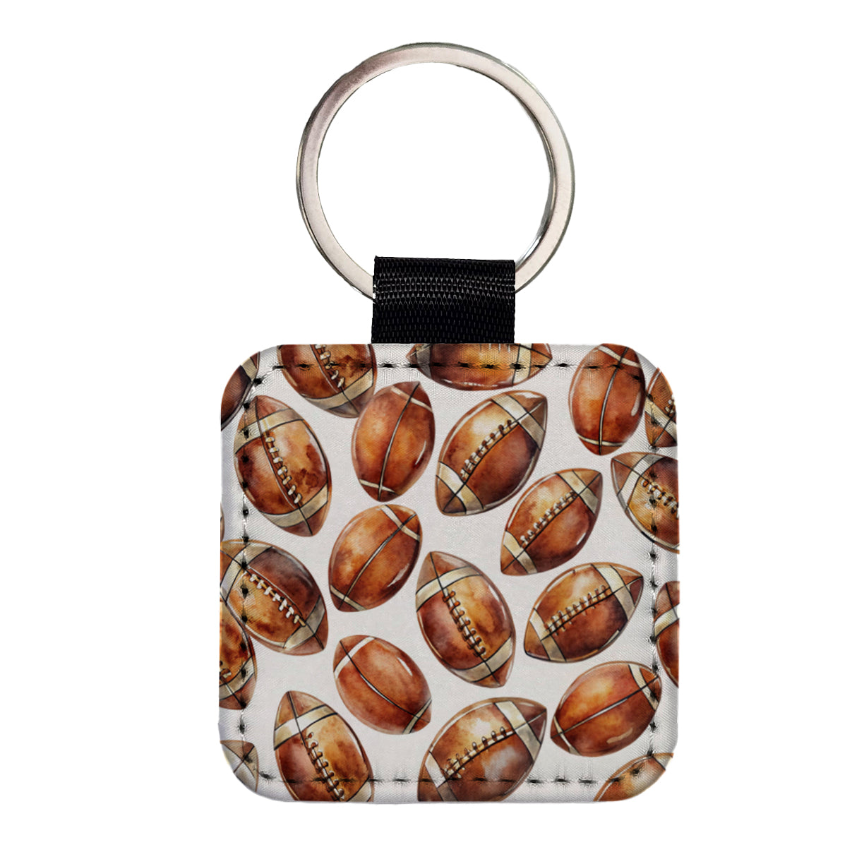 Brown Football Balls Watercolor Square Faux Leather Keychain