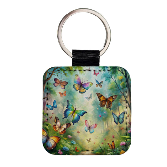 Butterflies In Forest Fantasy Watercolor Square Faux Leather Keychain