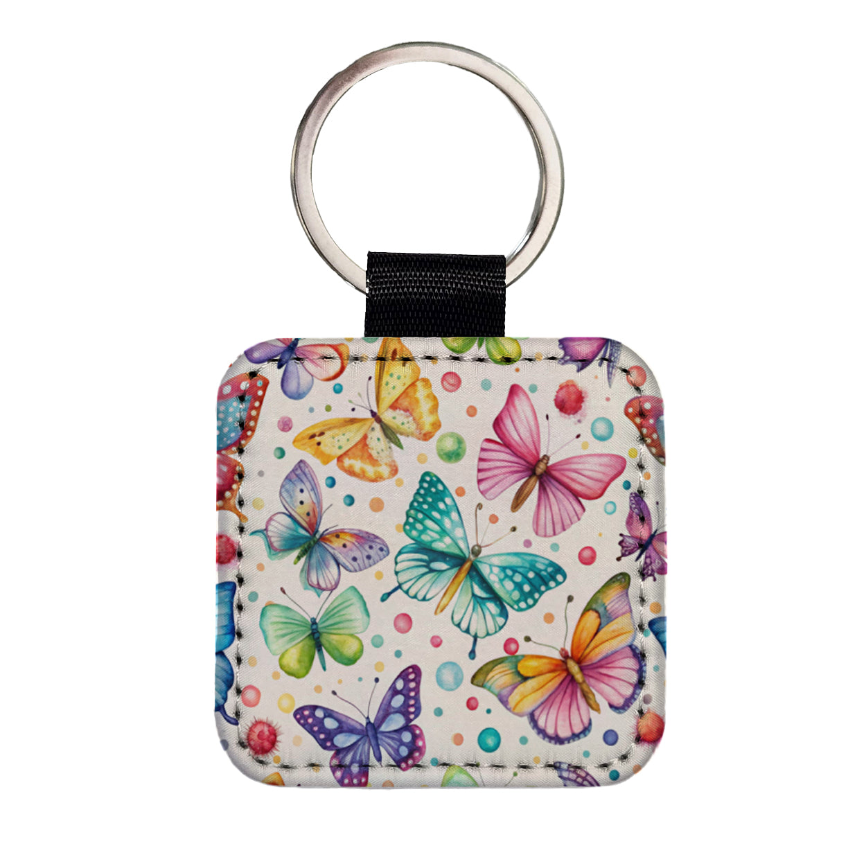 Butterflies Polka Dots Watercolor Square Faux Leather Keychain