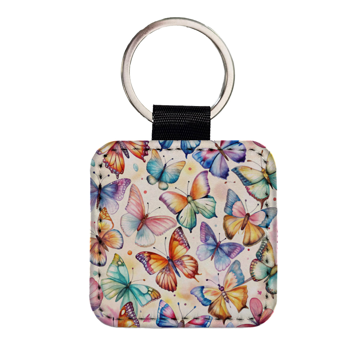 Butterflies Watercolor Square Faux Leather Keychain