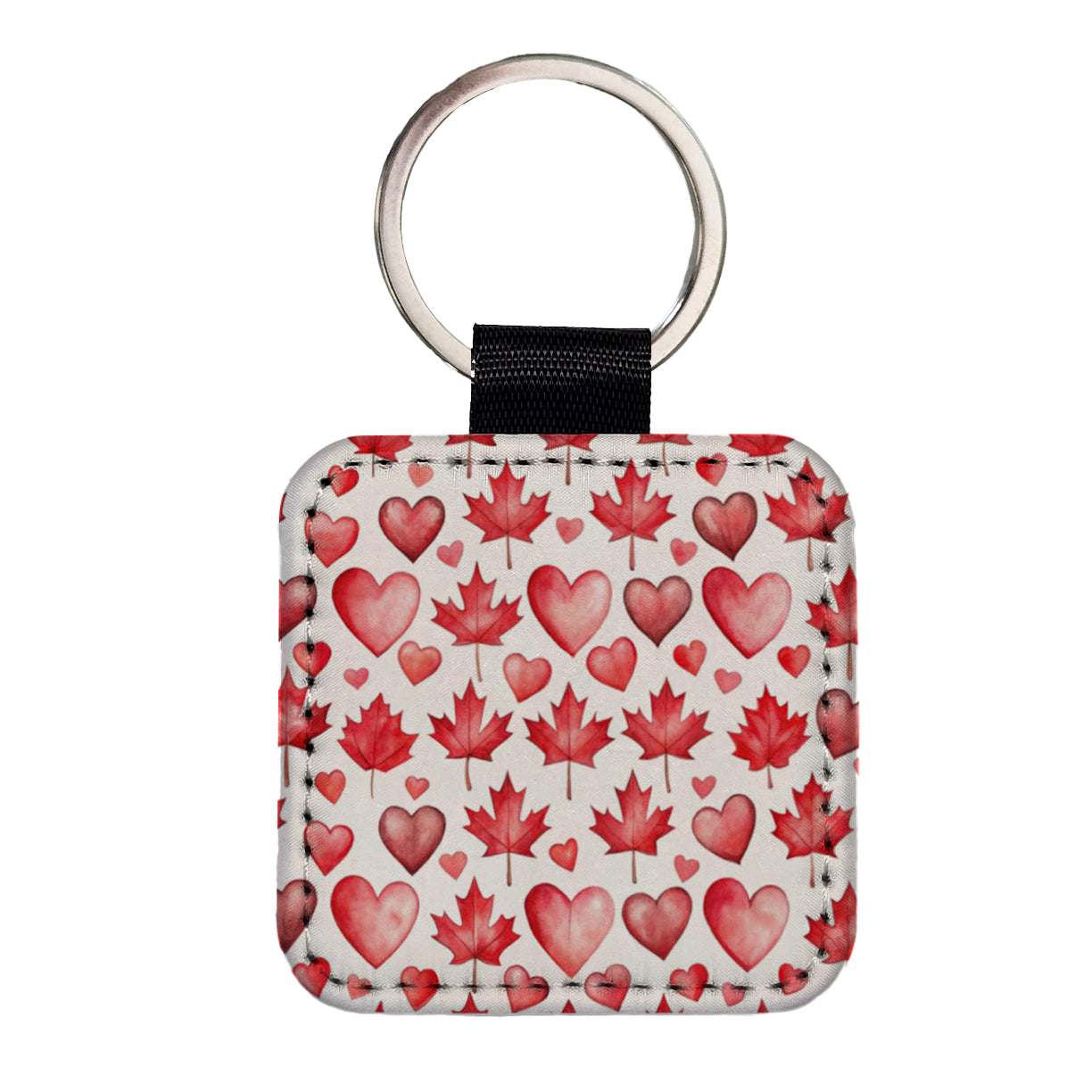Canada Flags Maple Leaf Hearts Watercolor Square Faux Leather Keychain