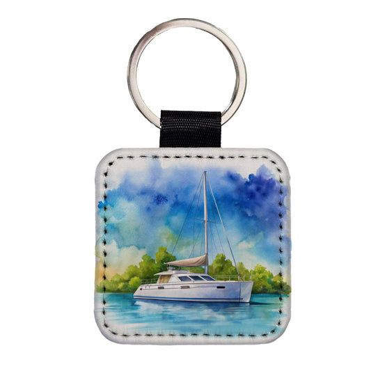 Catamaran At Sea Watercolor Design Square Faux Leather Keychain