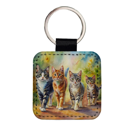 Cats Walking Watercolor Square Faux Leather Keychain