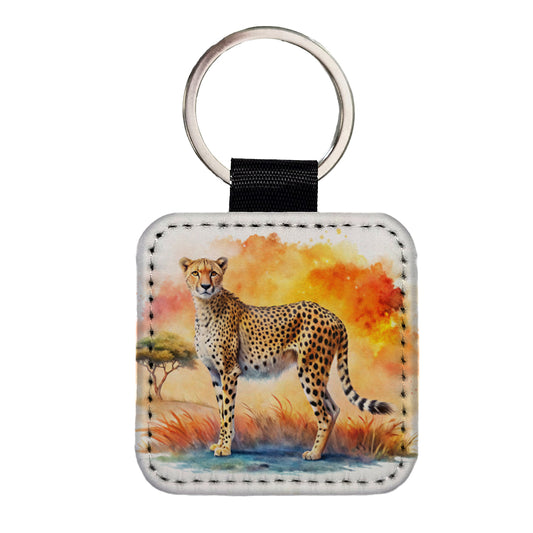 Cheetah African Plain Watercolor Design Square Faux Leather Keychain