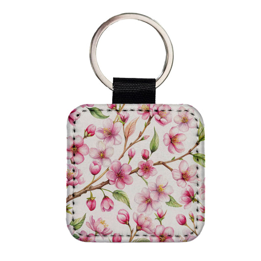 Cherry Blossom Flowers White Square Faux Leather Keychain