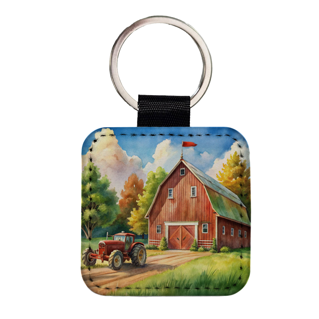 Classic Barn Tractor Watercolor Design Square Faux Leather Keychain