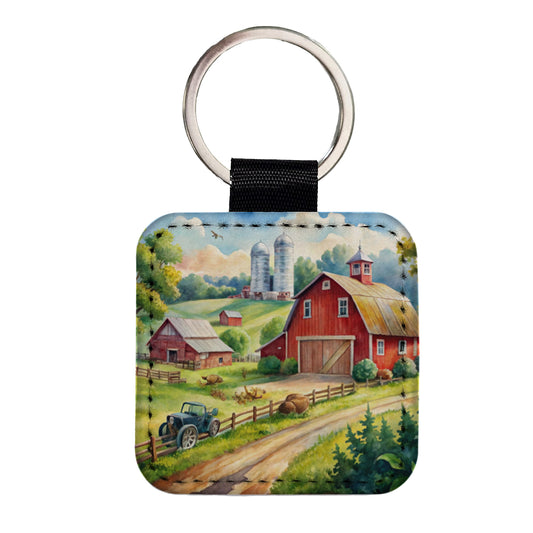 Classic Farm Watercolor Design Square Faux Leather Keychain