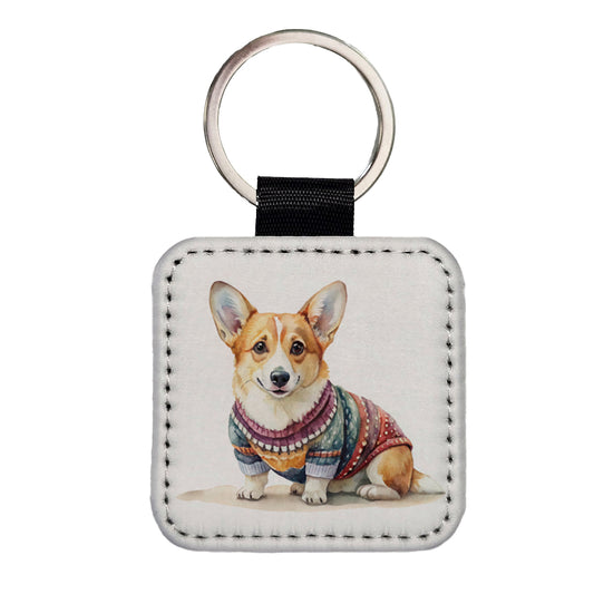 Corgi Dog Wearing A Sweater Watercolor Square Faux Leather Keychain