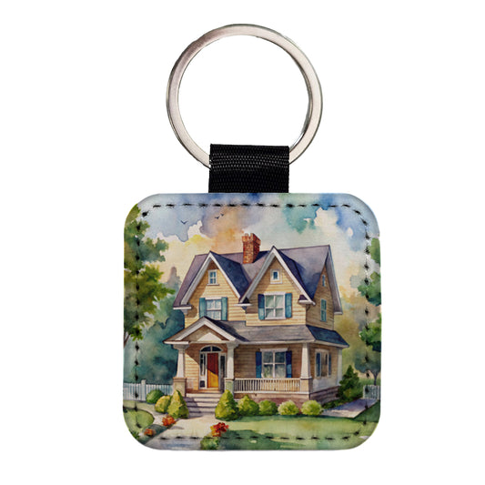 Country Farm House Painting Watercolor Square Faux Leather Keychain