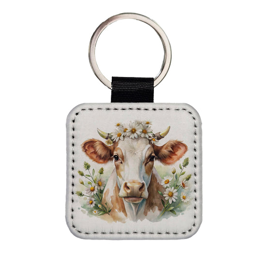 Cow Watercolor With Daisies Square Faux Leather Keychain