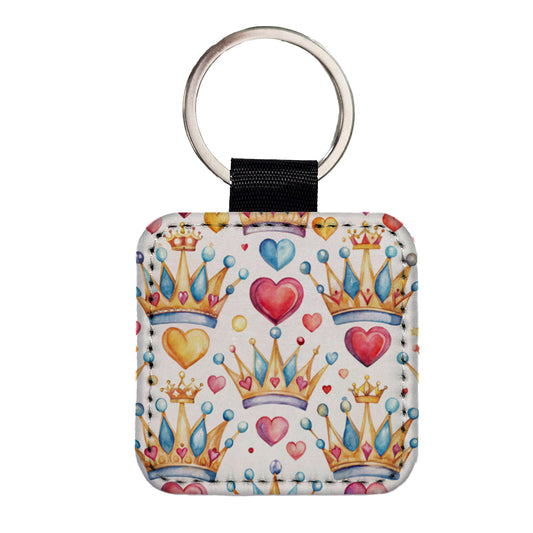 Crowns Royalty Tiaras Hearts Watercolor Square Faux Leather Keychain