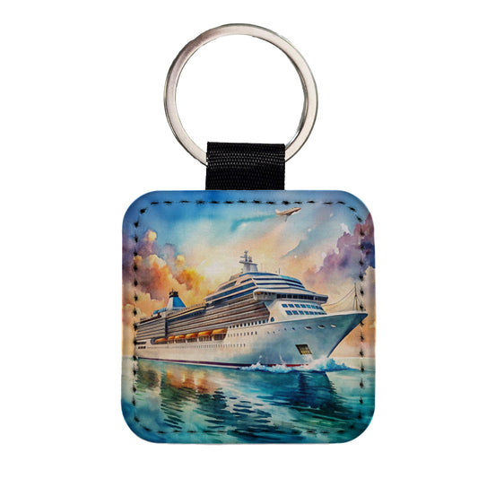 Cruise Ship At Sea Bon Voyage Watercolor Square Faux Leather Keychain