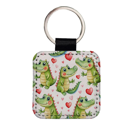 Cute Alligator Crocodiles Hearts Watercolor Square Faux Leather Keychain