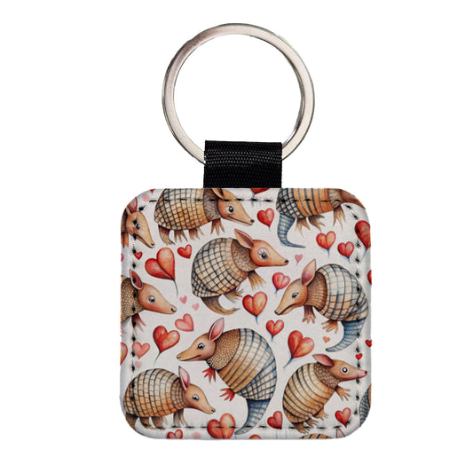 Cute Armadillos Hearts Watercolor Square Faux Leather Keychain