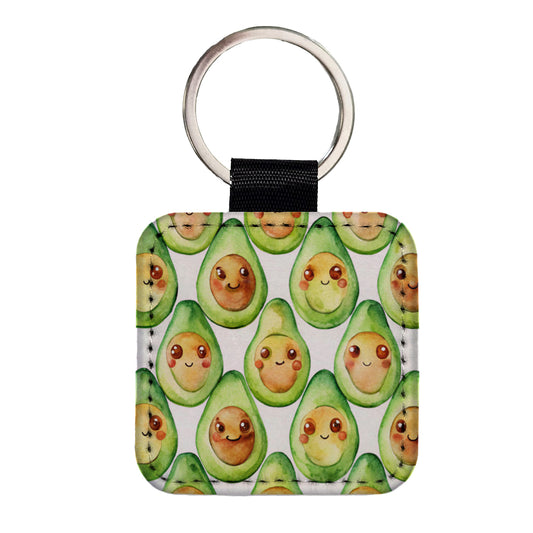 Cute Avocado Faces Watercolor Square Faux Leather Keychain